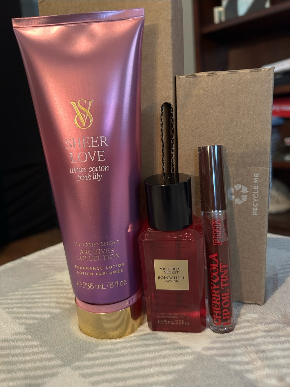 Victoria's Secret Lip Tint oil Bombshell perfume & Sheer Love lotion bundle New
